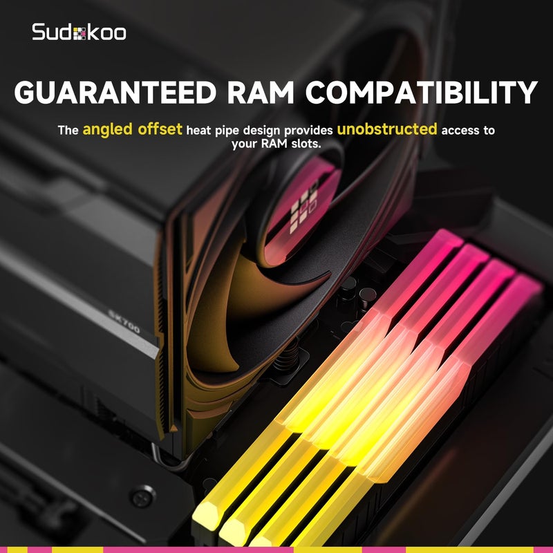 Sudokoo مبرد الهواء SK700 AM5: مبرد CPU بـ 7 أنابيب حرارية حصري لـ AM5 - برج واحد أسود لتبريد الكمبيوتر مع مروحة هادئة FDB PWM بحجم 120 مم وتركيب قفل L-Rail - Image 5